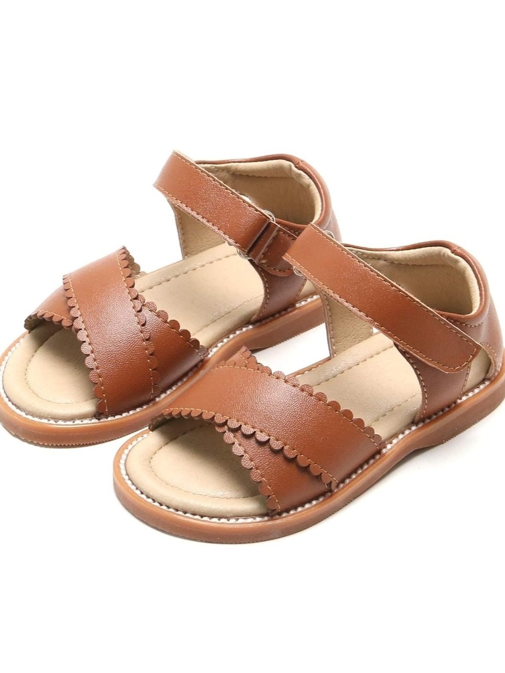 Girls' Tan Scallop Strap Sandals Sz1 with Hook-and-Loop Closure 'Felix & Flora'